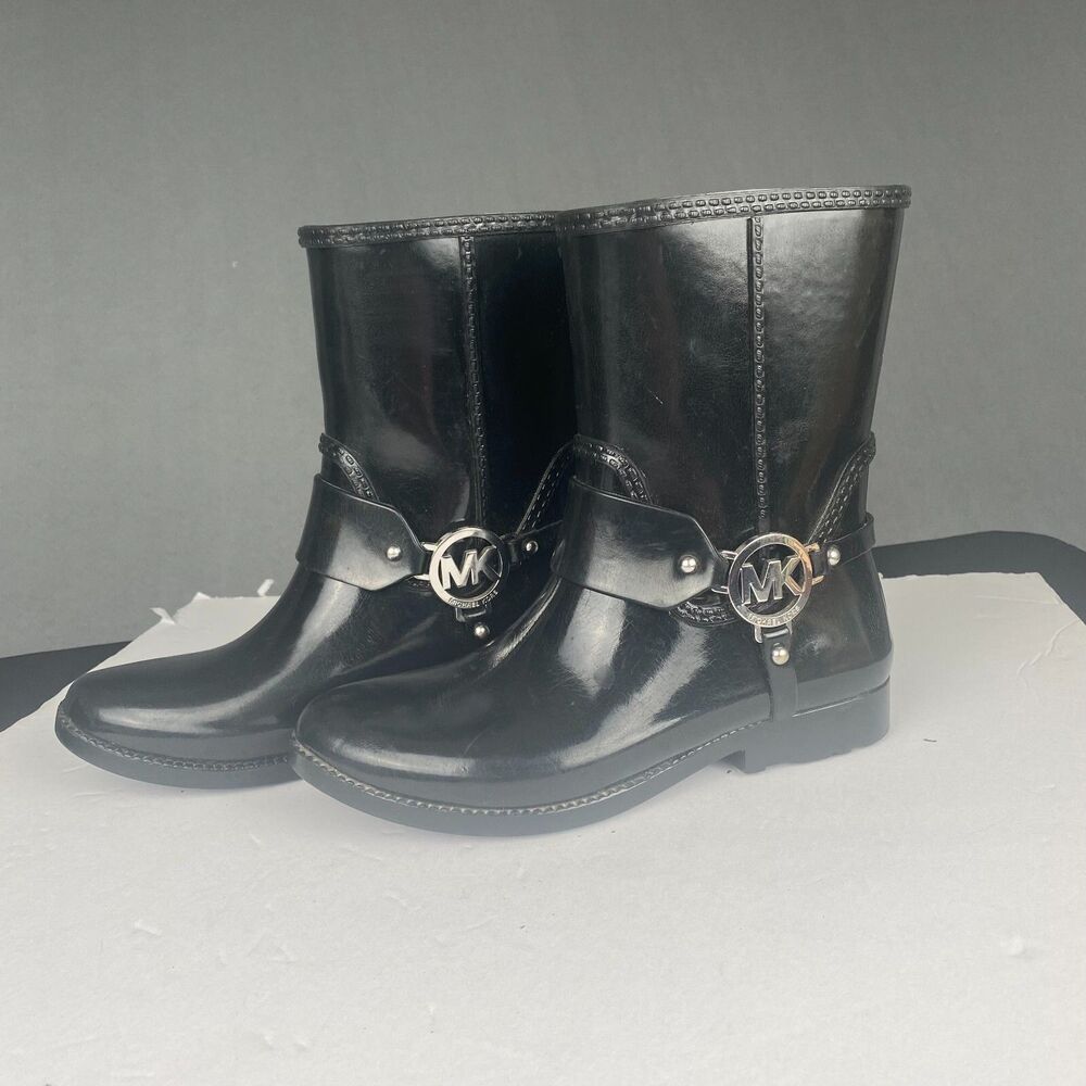 Michael Kors Fulton Harness Black Blue Rain Bootie Ankle Boots Size 6